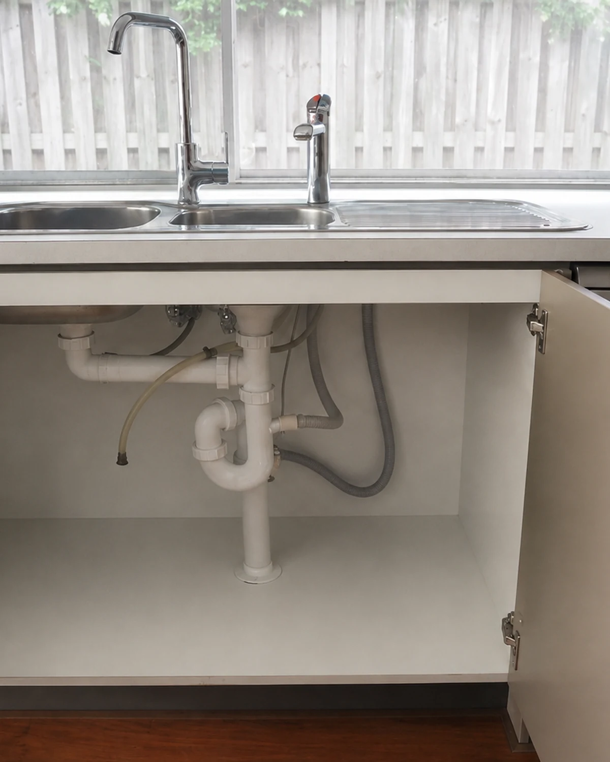Cleared kitchen sink cupboard with visible sink waste pipe, valves, flexible hoses and dishwasher connection for a Property Protection Audit.