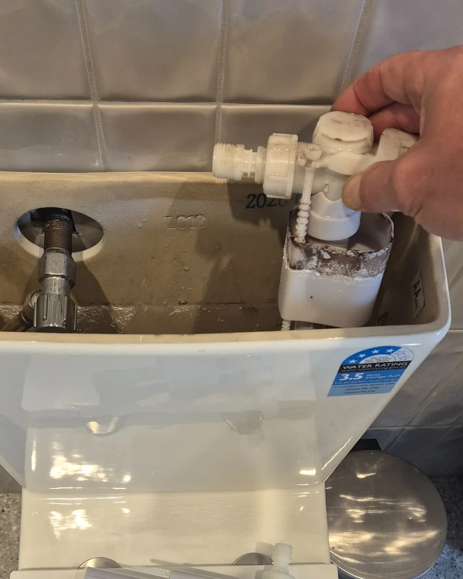 Toilet cistern inlet and outlet valves being replaced during a leaking toilet repair.