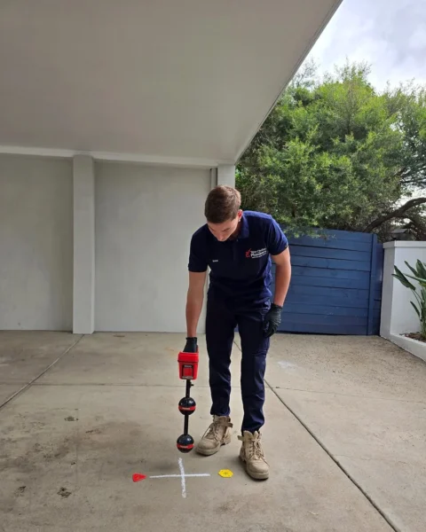 Plumber using a drain locator to trace underground pipe location in Melbourne.